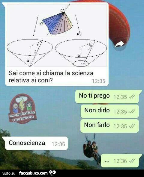 Sai come si chiama la scienza relativa ai coni? No ti prego non dirlo, non farlo. Conoscienza