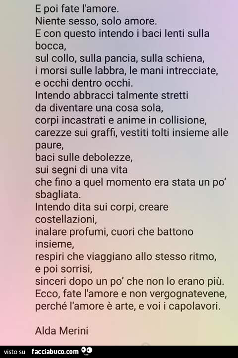 E poi fate l'amore. Niente sesso, solo amore. E con questo intendo i baci lenti sulla bocca, sul collo, sulla pancia, sulla schiena, i morsi sulle labbra