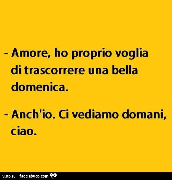 Amore, ho proprio voglia di trascorrere una bella Domenica. Anch'io. Ci vediamo domani, ciao