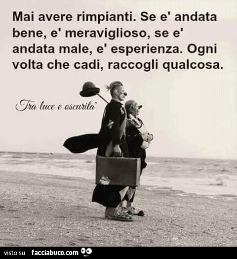 Mai avere rimpianti. Se è andata bene, è meraviglioso, se è andata male, è esperienza. Ogni volta che cadi, raccogli qualcosa