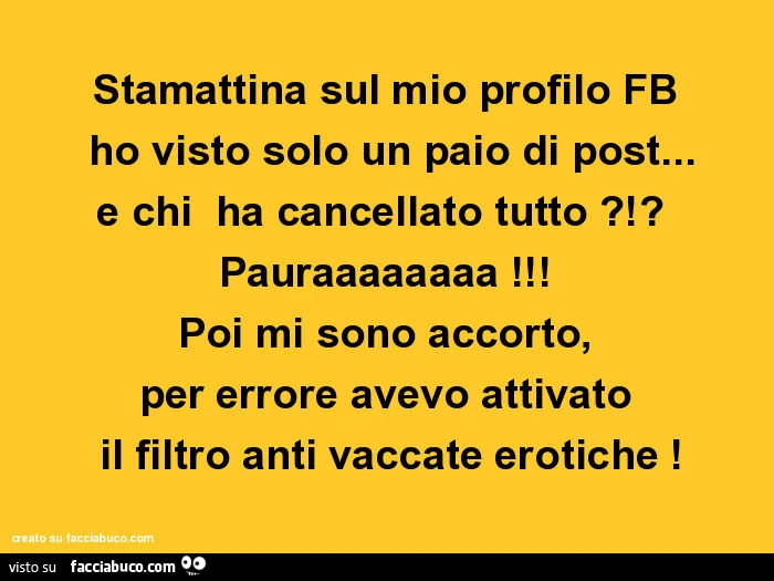 Stamattina sul mio profilo fb ho visto solo un paio di post&hellip; e chi ha cancellato tutto?!? Pauraaaaaaaa! Poi mi sono accorto, per errore avevo attivato il filtro anti vaccate erotiche