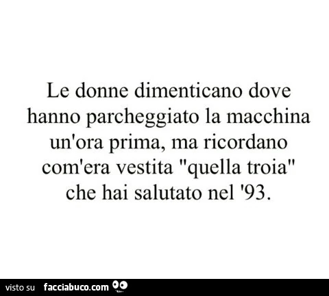 Le donne dimenticano dove hanno parcheggiato la macchina un'ora prima, ma ricordano com'era vestita quella troia che hai salutato nel '93