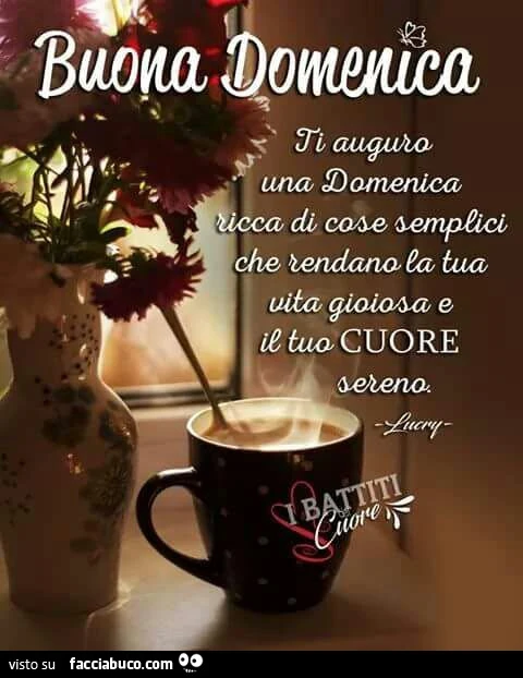 Buona Domenica. Ti auguro una Domenica ricca di cose semplici che rendano la tua vita gioiosa e il tuo cuore sereno
