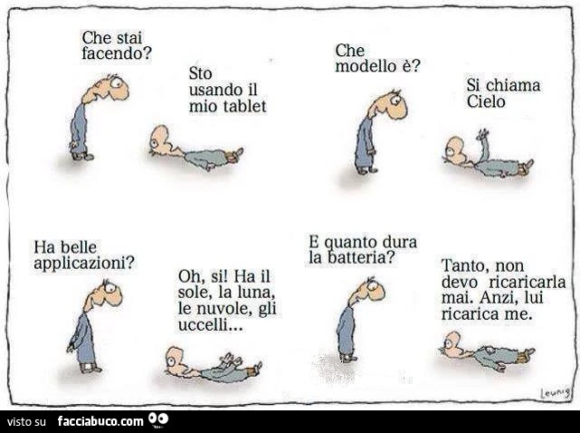Che stai facendo? Sto usando il mio tablet. Che modello è? Si chiama cielo
