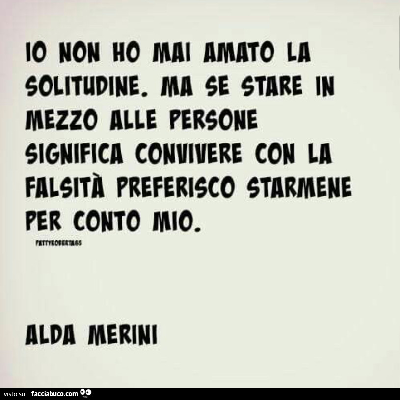 Io non ho mai amato la solitudine. Ma se stare in mezzo alle persone significa convivere con la falsità preferisco starmene per conto mio. Alda Merini