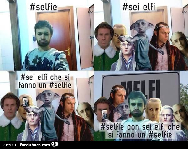 Selfie. Sei elfi. Sei elfi che si fanno un selfie. Selfie con sei elfi che si fanno un selfie