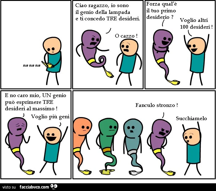 Ciao ragazzo, io sono il genio della lampada e ti concedo tre desideri