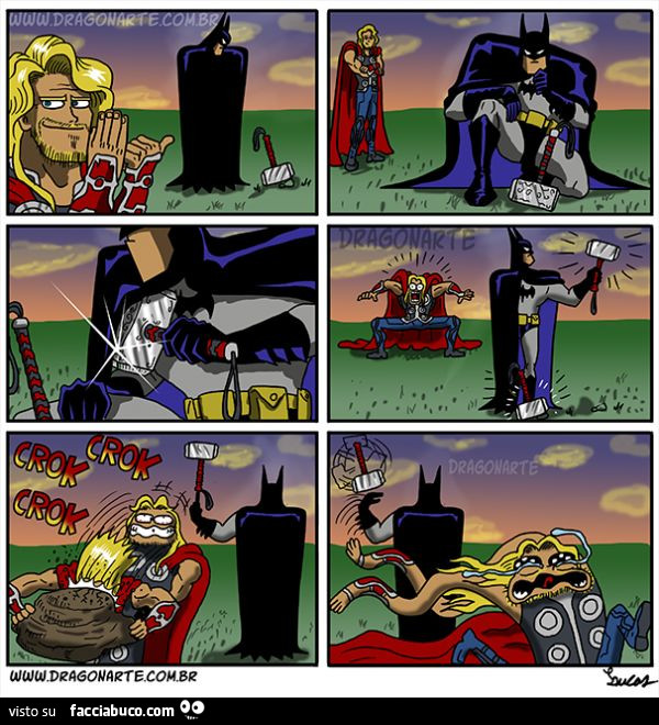 Batman finge di prendere il martello di Thor