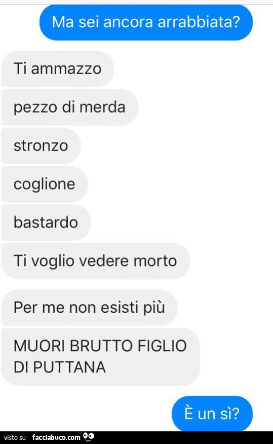 Ma sei ancora arrabbiata? Ti ammazzo pezzo di merda stronzo coglione bastardo ti voglio vedere morto per me non esisti più muori brutto figlio di puttana. È Un sì?