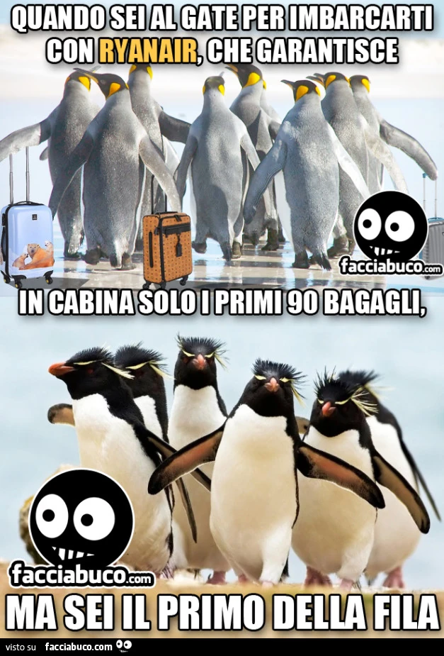 Quando sei al gate per imbarcarti con Ryanair che garantisce in cabina solo i primi 90 bagagli, ma sei il primo della fila