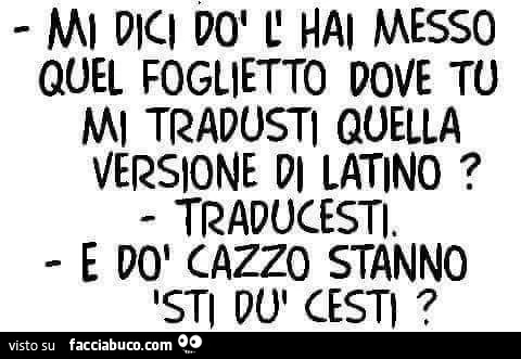 Mi dici do l'hai messo quel foglietto dove tu mi tradusti quella versione di latino? Traducesti. E do cazzo stanno sti du cesti?