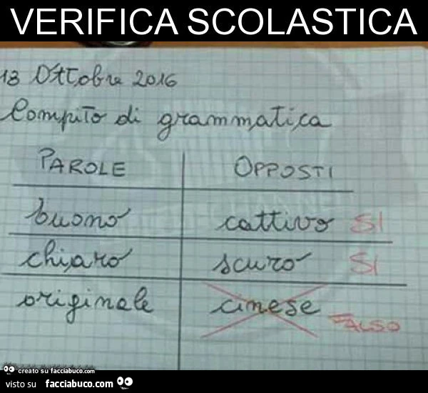 Verifica scolastica. Compito di grammatica. Originale. Cinese